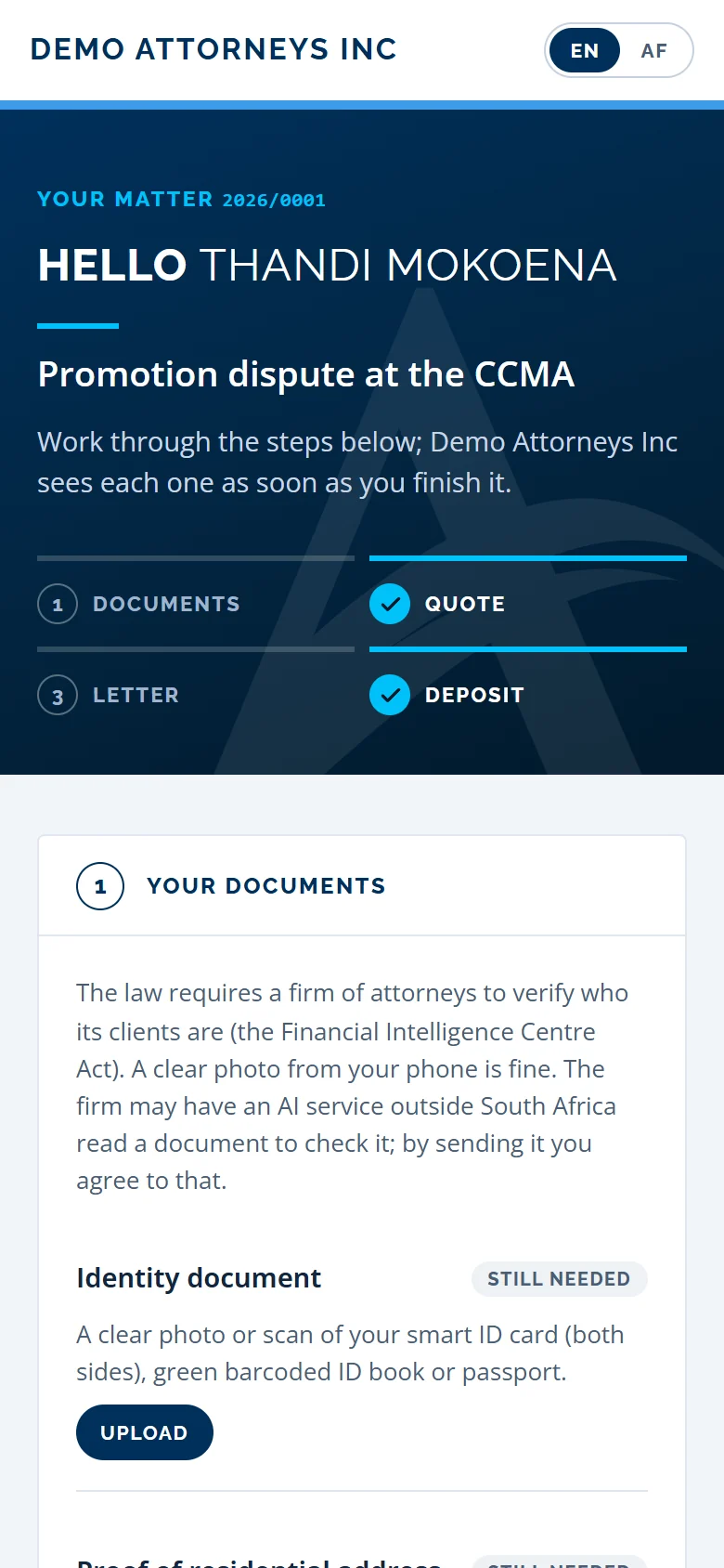 A client's own page on a phone: their matter number, where things stand, and the documents to send.